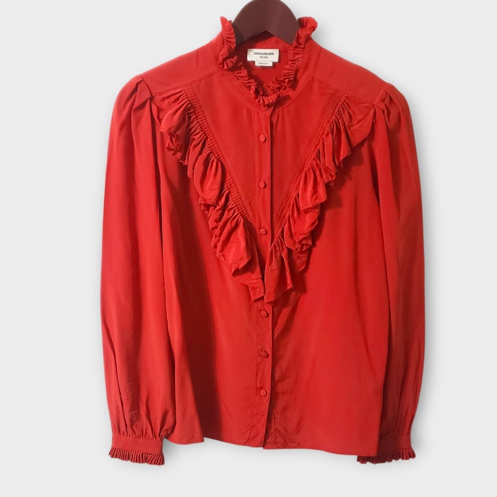 Zadig & Voltaire Taccora Deluxe‎ Red 100% Silk Ruffle Blouse XS WFCP0507F